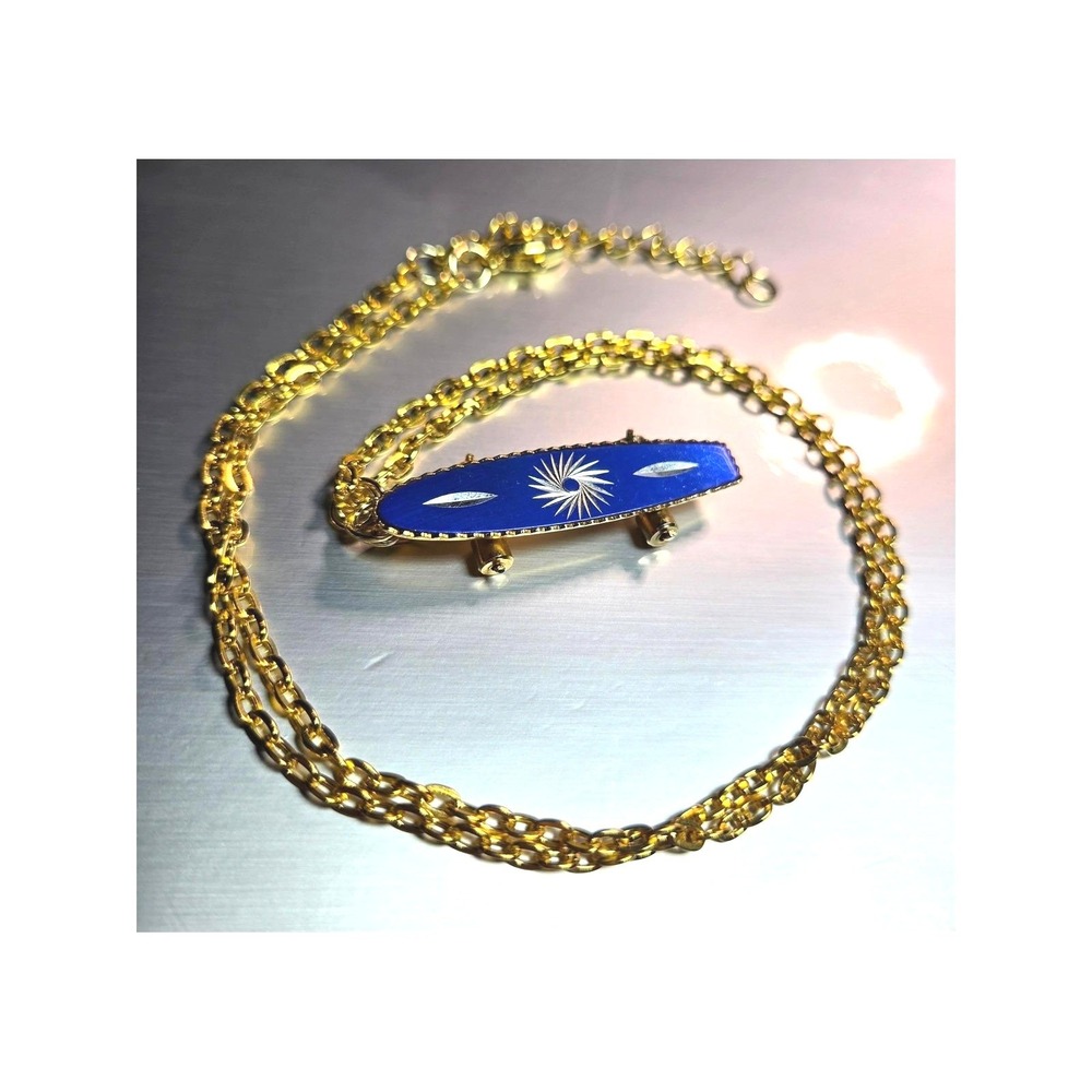 Skateboard Necklace Vintage 70s Cobalt Blue Starburst Gold Tone y2k Upcycled